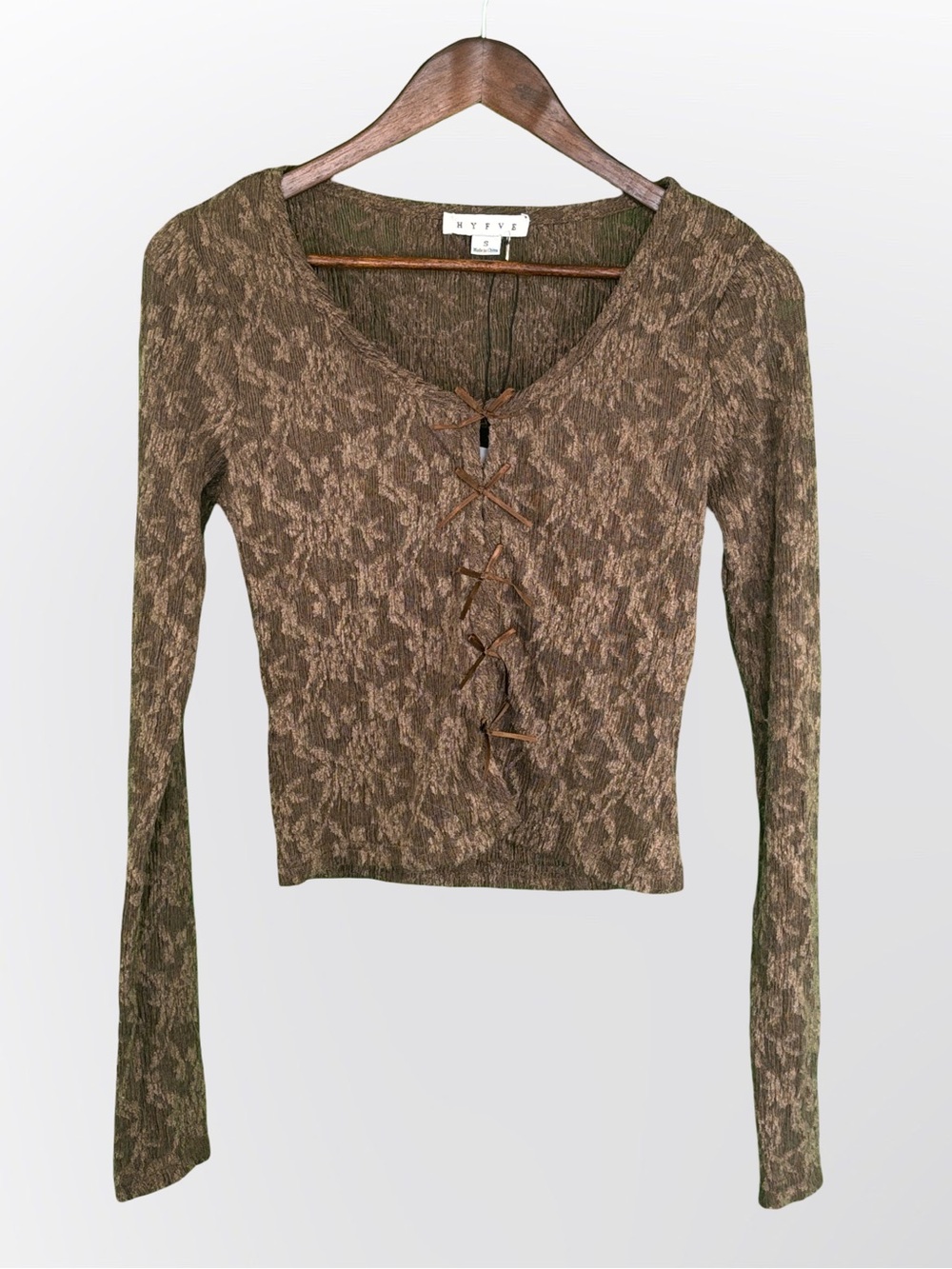 HYFVE brown Lace-Up Long Sleeve Knit Top
